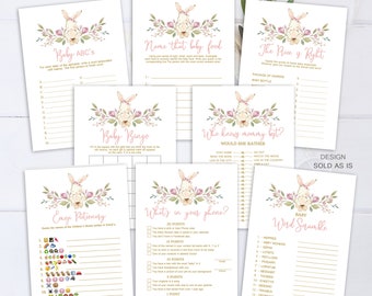 May include: A set of printable baby shower games featuring a pink bunny rabbit with floral accents. The games include Baby ABC's, Name That Baby Food, The Price is Right, Baby Bingo, Who Knows Mommy Best?, Emoji Pictionary, What's in Your Phone?, and Baby Word Scramble.
