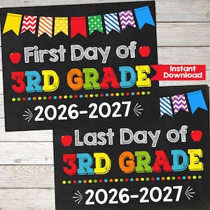 May include: Two black chalkboard-style signs featuring colorful bunting, red apples, and white text. One sign reads First Day of 3rd Grade 2026-2027, and the other reads Last Day of 3rd Grade 2026-2027. Both include a red banner with the text Instant Download.