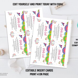 May include: Editable printable insert cards with a fiesta theme. The cards feature a colorful design with a sombrero, flowers, and fans. The text on the cards reads "Editable Card". The cards are designed to print four to a page.
