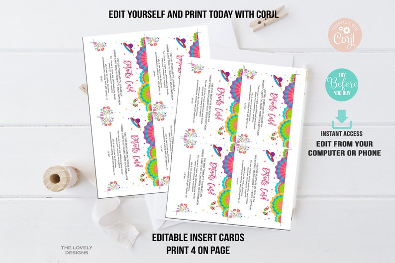 May include: Editable printable insert cards with a fiesta theme. The cards feature a colorful design with a sombrero, flowers, and fans. The text on the cards reads "Editable Card". The cards are designed to print four to a page.