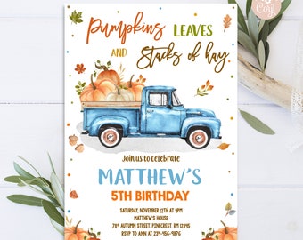 EDITABLE Pumpkin Truck Light Blue Birthday Invitation Pumpkin Patch Invitation Fall Pumpkin Harvest Thanksgiving Invite PRINTABLE DOWNLOAD