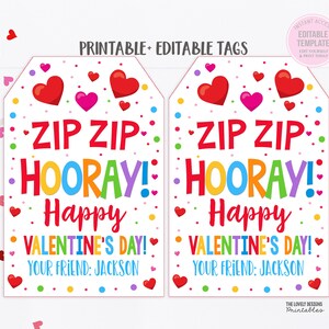Zipper Bracelet Valentine Tag Zip Zip Hooray Valentine&#39;s Day Tag Zip Bracelet Kids Preschool Classroom Non-Candy Tag Printable Editable