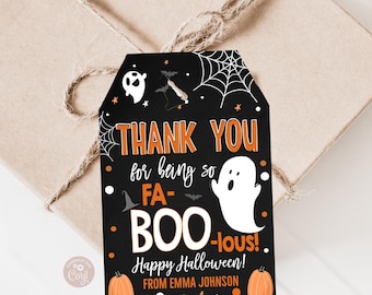 May include: Black and orange Halloween thank you tag with a ghost and the text "Thank you for being so fa-boo-lous! Happy Halloween! From Emma Johnson."