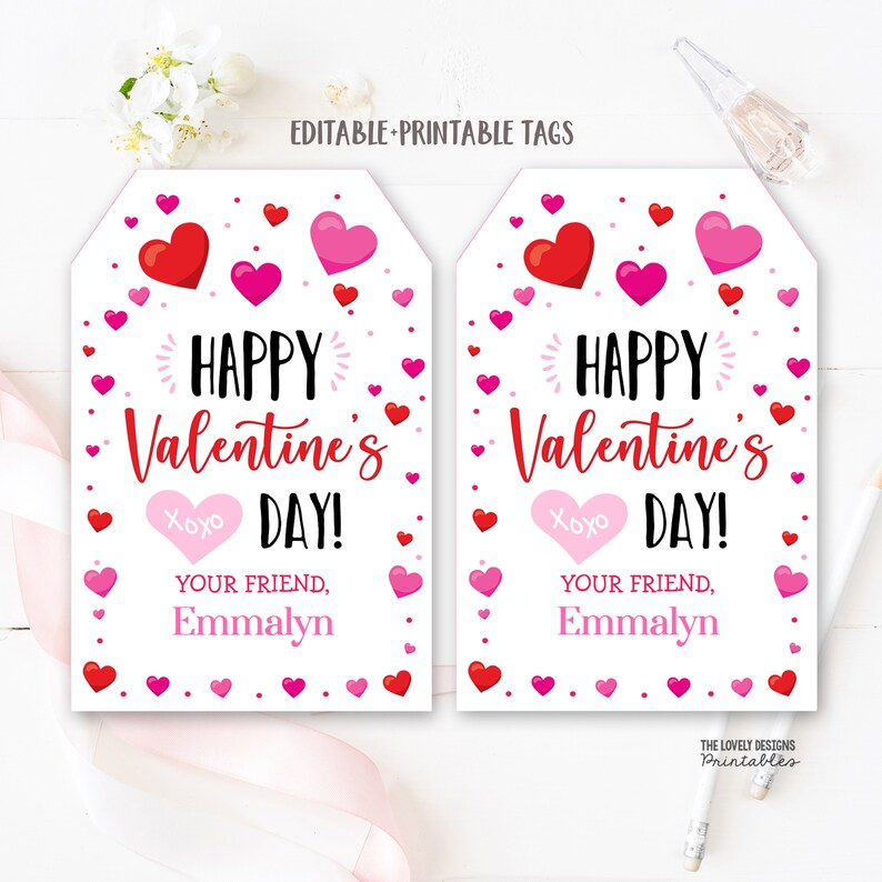 Hearts Valentine's Day Tag, Editable Hearts Tags Valentine's Day Classroom Hearts School Tag Valentine Gift Tag Instant Download Printable 