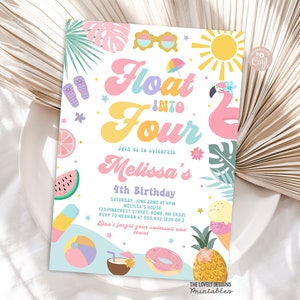 May include: A colorful invitation for a 4th birthday party with a tropical theme. The invitation features a pink flamingo float, a yellow sun, and the text "Float into Four" in a retro font. The invitation also includes the text "Join us to celebrate Melissa's 4th Birthday" and details about the party, including the date, time, and location.