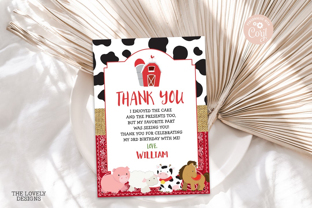 Editable Farm Thank You Card Farm Birthday Cards Farm Bandana Red ...