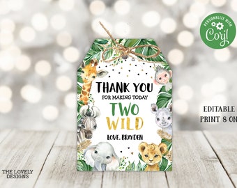 Editable Two Wild Jungle Favor Tag Birthday Jungle Boy 2nd Birthday Safari Zoo Animals Thank You Tags Jungle Neutral Tags PRINTABLE DOWNLOAD