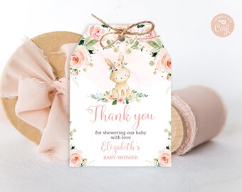 May include: Pink and green floral thank you tag with a watercolor illustration of a bunny with a floral crown. The text reads "Thank you for showering our baby with love Elizabeth's Baby Shower".
