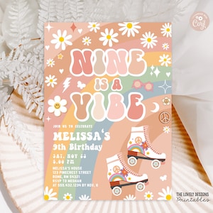 Editable Nine is A Vibe Groovy Roller Skate 9th Birthday Invitation Daisy Rainbow Hippie Retro 70&#39;s Party Vibes PRINTABLE DOWNLOAD GRM4