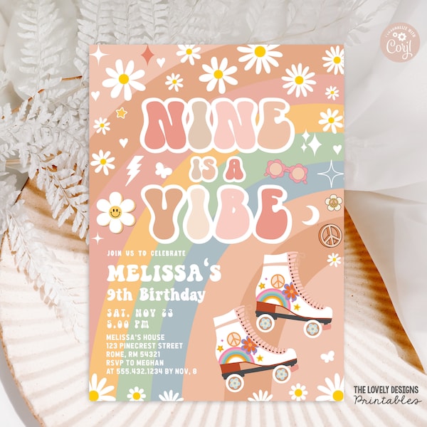 EDITABLE Nine is A Vibe Groovy Roller Skate 9th Birthday Invitation Daisy Rainbow Hippie Retro 70's Party Vibes PRINTABLE DOWNLOAD GRM4