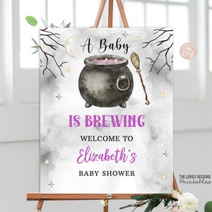 EDITABLE Halloween A Baby is Brewing Welcome Sign Halloween Witch Baby Shower Sign Decor Gender Neutral Poster Sign PRINTABLE DOWNLOAD BRW1