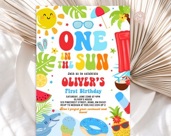 One In The Sun 1° Compleanno Festa in Piscina Invito Modificabile Summer Splish Splash Tropical Swimming Splash Pad Party Download Istantaneo PCB