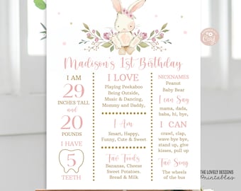 May include: A pink and gold printable first birthday sign with a bunny rabbit illustration. The sign includes the child's name, age, height, weight, favorite foods, and things they can do.