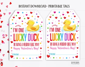 Rubber Duck Valentine&#39;s Day Gift Tags Valentine Lucky Duck Tag Printable Ducky Duckie Non Candy Preschool Class Printable Kids Valentine Tag