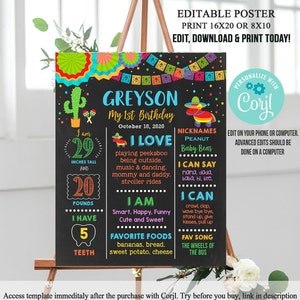 Fiesta First Birthday Chalkboard Poster Fiesta 1st Birthday Milestone Fiesta Mexican theme Sign Digital EDITABLE Instant Download