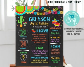 Cartel de pizarra para primer cumpleaños de Fiesta, hito del primer cumpleaños de Fiesta, letrero con temática mexicana, descarga instantánea editable digital