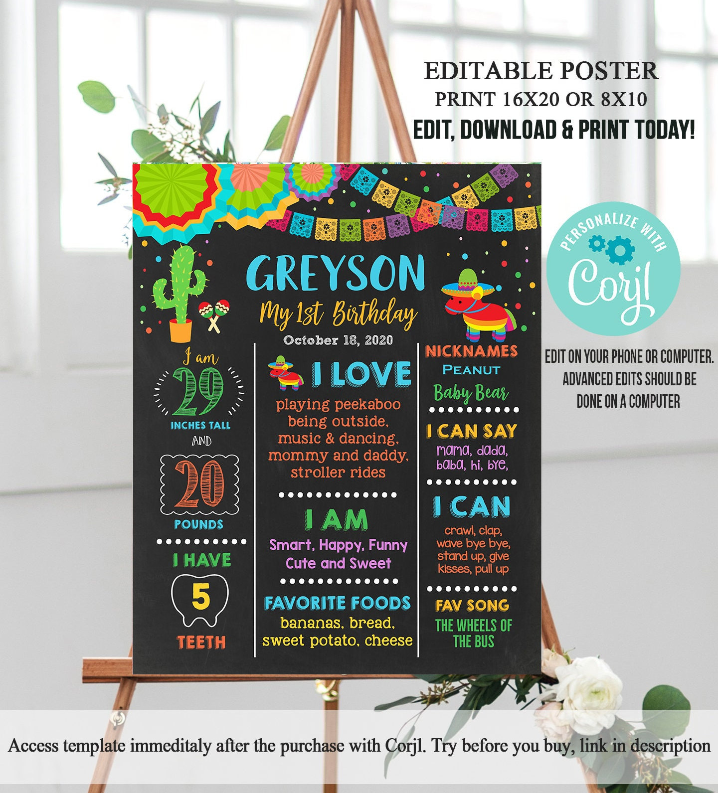 Fiesta First Birthday Chalkboard Poster Fiesta 1st Birthday Etsy