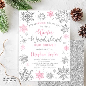 EDITABLE Winter Wonderland Baby Shower Invitation Pink & Silver Winter Invitation a Little Snowflake is on the Way PRINTABLE DOWNLOAD SWH5