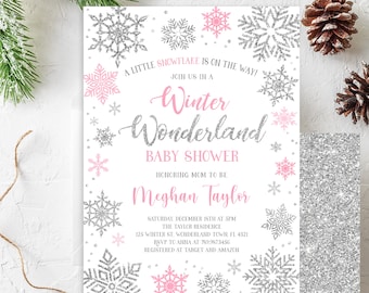 EDITABLE Winter Wonderland Baby Shower Invitation Pink & Silver Winter Invitation a Little Snowflake is on the Way PRINTABLE DOWNLOAD SWH5