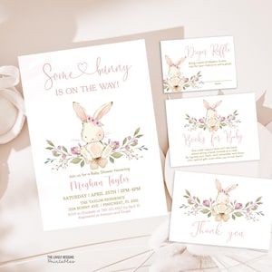 Bunny babyshower uitnodiging set bewerkbaar Sommige konijn is onderweg bundel roze bloemen lente konijn Pasen uitnodiging PRINTBARE DOWNLOAD SBF7