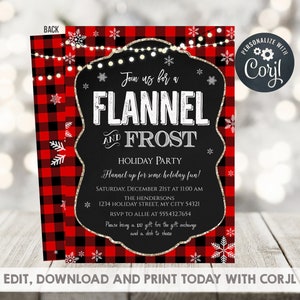 Flannel and Frost Party Invitation, Editable Christmas Invitation, Buffalo Plaid Holiday Work Invite Printable, Instant Download with Corjl