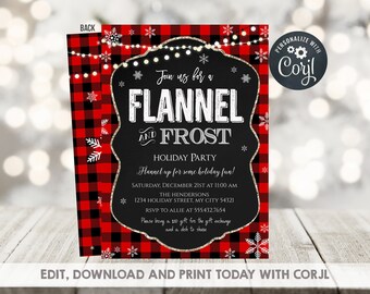 Flannel and Frost Party Invitation, Editable Christmas Invitation, Buffalo Plaid Holiday Work Invite Printable, Instant Download with Corjl