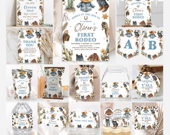 May include: A printable party bundle for a first rodeo themed birthday party. The bundle includes a welcome sign, thank you tags, a favor box, a water bottle label, a juice box label, a cupcake topper, a favor tag, and an invitation. The design features a cowboy hat, boots, and a bandana in blue and brown colors.