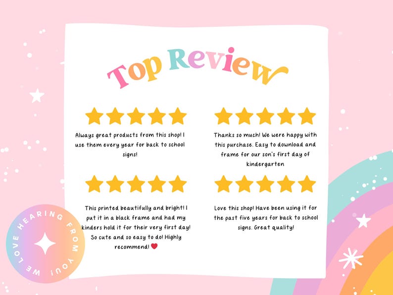 May include: A pink background with a white rectangle featuring customer reviews and gold star ratings. The text "Top Review" is in colorful letters. The reviews praise the product's quality and ease of use for back-to-school signs.