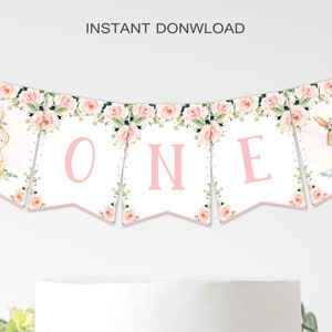 Bunny High Chair Banner Bunny First Birthday Bunting Banner Easter Floral Pink Bunny Girl One Banner Printable DIY INSTANT DOWNLOAD BPF4