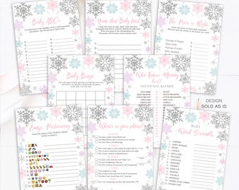 May include: Printable baby shower game cards with a winter snowflake theme. The games include Baby ABC's, Name that Baby Food, The Price is Right, Baby Bingo, Who Knows Mommy Best?, Emoji Pictionary, What's in Your Phone?, and Baby Word Scramble.