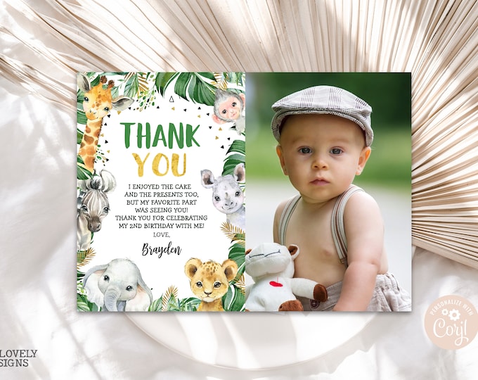 EDITABLE Jungle Thank You Card Jungle Photo Boy Birthday Cards - Etsy