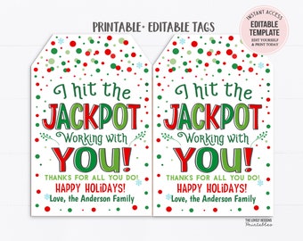 Hit the Jackpot Working With You Christmas Gift Tag Lotto Lottery Ticket Co-Worker Teacher Staff Employee PTO Boss Neighbor Tags Printable