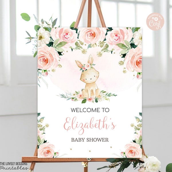 EDITABLE Bunny Baby Shower Welcome Sign Easter Bunny Floral Pink Party Sign Some Bunny is on the Way Poster PRINTABLE DOWNLOAD BPF4
