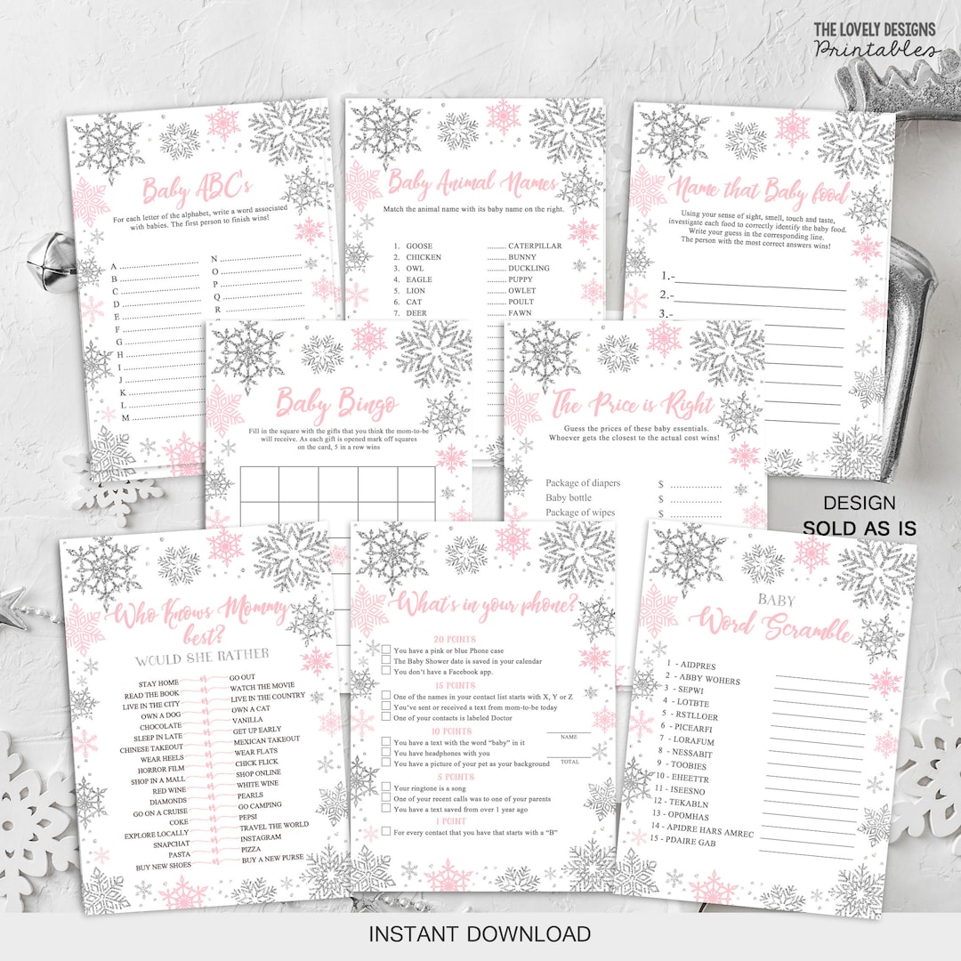Winter Baby Shower Games Package Snowflakes Pink and Silver Games ...