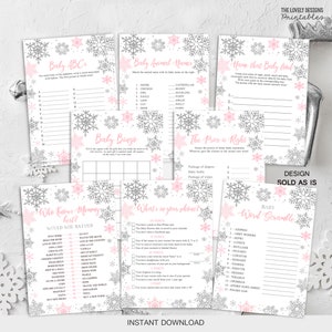 May include: A set of printable baby shower games with a winter snowflake theme. The games include "Baby ABCs", "Baby Animal Names", "Name That Baby Food", "Baby Bingo", "The Price is Right", "Who Knows Mommy Best?", "What's in Your Phone?" and "Baby Word Scramble".