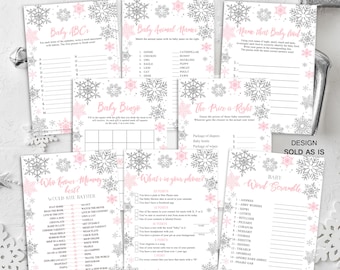 May include: A set of printable baby shower games with a winter snowflake theme. The games include "Baby ABCs", "Baby Animal Names", "Name That Baby Food", "Baby Bingo", "The Price is Right", "Who Knows Mommy Best?", "What's in Your Phone?" and "Baby Word Scramble".