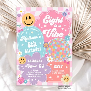 Editable Eight is a Vibe Checkered Smile Face Invitation Retro Groovy 8th Birthday Emoji Invitation Hippie Disco Party PRINTABLE DOWNLOAD