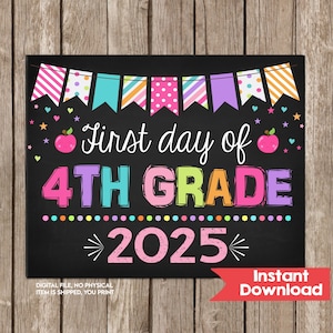Girl First Day of 4th Grade Sign, First Day of Fourth School Sign Back to School Chalkboard Sign Printable File Photo Prop Instant Download