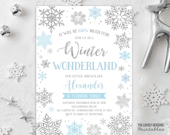 Invito di compleanno Winter Wonderland MODIFICABILE Invito invernale blu e argento Il nostro piccolo invito fiocco di neve DOWNLOAD STAMPABILE SWB4