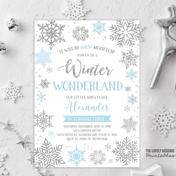 EDITABLE Winter Wonderland Birthday Invitation Blue and Silver Winter Invitation Our Little Snowflake Invitation PRINTABLE DOWNLOAD SWB4