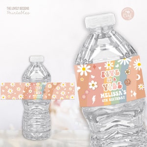 EDITABLE Five is A Vibe Bottle Label Groovy 5th Birthday Daisy Rainbow Retro Hippie 70&#39;s Party Water Bottle Label PRINTABLE DOWNLOAD GRM4