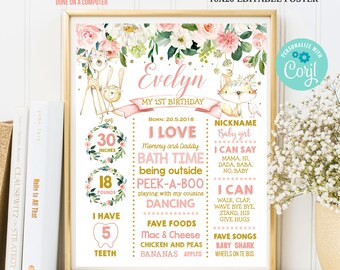 Póster de primer cumpleaños con animales del bosque, letrero floral rosa ruborizado para niña, plantilla editable, descarga instantánea WODA1