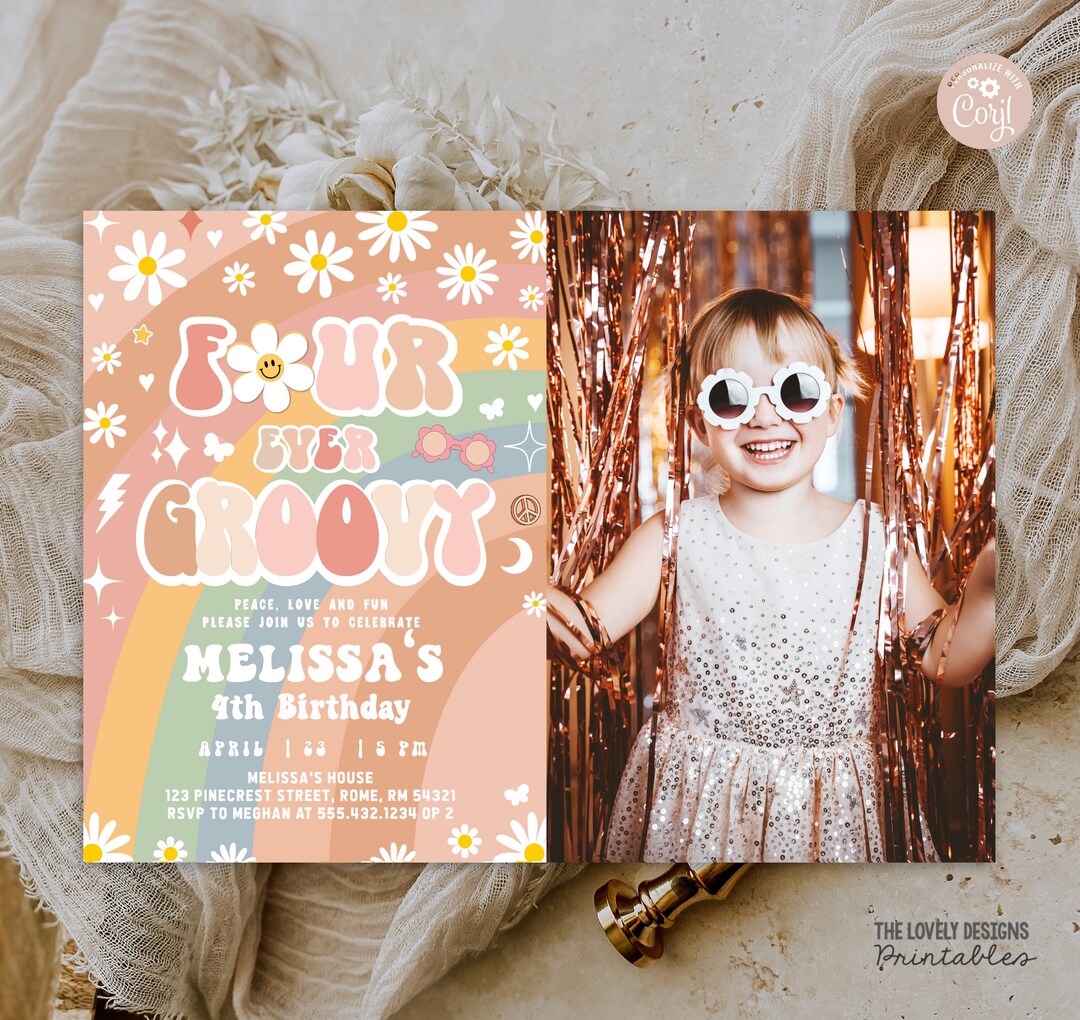 Editable Four Ever Groovy Invitation With Photo Groovy 4th Birthday ...