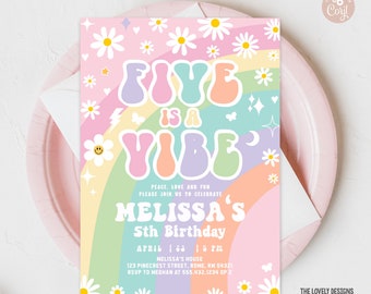 EDITABLE Five is A Vibe Daisy Groovy 5th Birthday Invitation Groovy Rainbow Pink Purple Mint Hippie 70's Party Vibes PRINTABLE DOWNLOAD GRP8