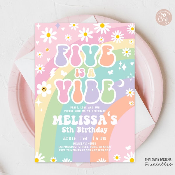 EDITABLE Five is A Vibe Daisy Groovy 5th Birthday Invitation Groovy Rainbow Pink Purple Mint Hippie 70's Party Vibes PRINTABLE DOWNLOAD GRP8