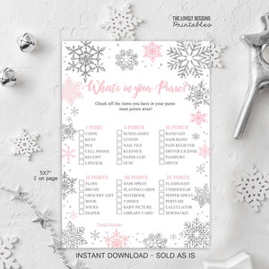 Winter Wat zit er in je portemonnee Spel Winter Baby Douche Sneeuwvlokken Roze en Zilver Spel Afdrukbare Winter Wonderland Kaart INSTANT DOWNLOAD SWP2