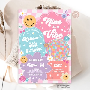 Editable Nine is a Vibe Checkered Smile Face Invitation Retro Groovy 9th Birthday Emoji Invitation Hippie Disco Party PRINTABLE DOWNLOAD