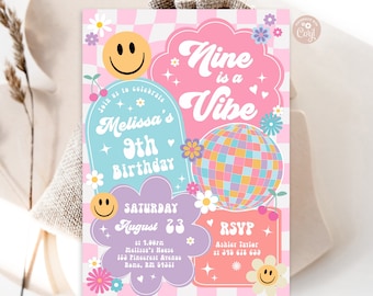 Editable Nine is a Vibe Checkered Smile Face Invitation Retro Groovy 9th Birthday Emoji Invitation Hippie Disco Party PRINTABLE DOWNLOAD
