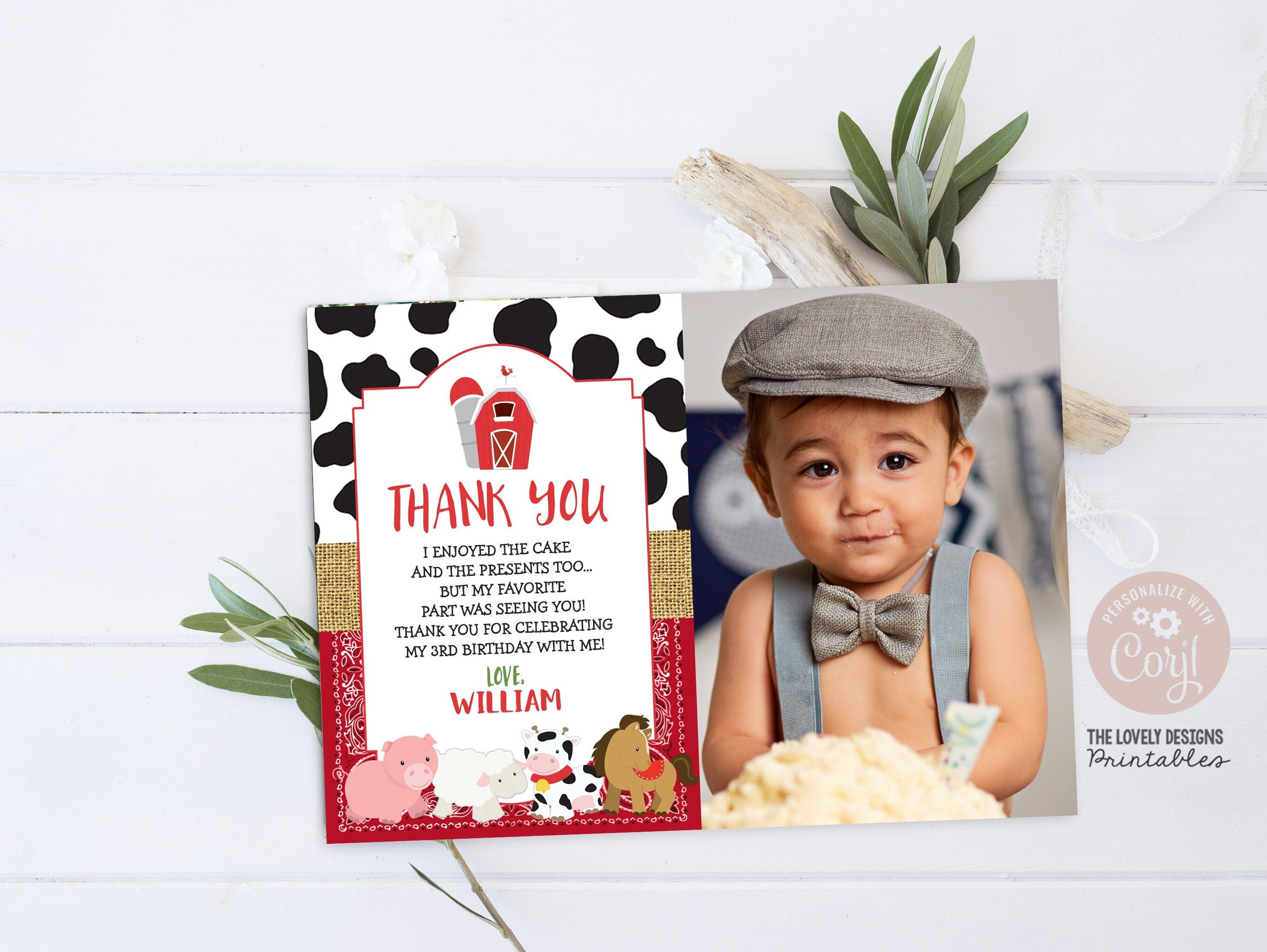 Editable Farm Thank You Card Farm Photo Birthday Card Farm Bandana Red ...