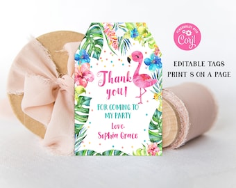 Pink Flamingo INSTANT DOWNLOAD  edit yourself now  Flamingo Favor Tag Gift Hang Tags Thank You Tags Pool Party Gold luau Hawaiian FTFL1